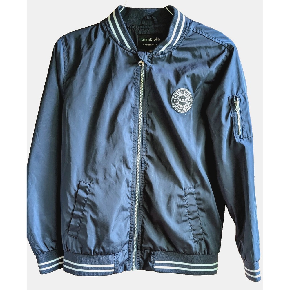 Rokka & Rolla Boys Varsity Jacket Sz L 10/12 Lightweight Navy Windbreaker Patch